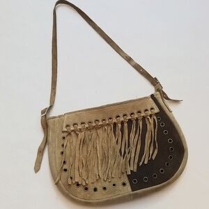 Fringe Two-Tone Faux Suede Shoulder Bag